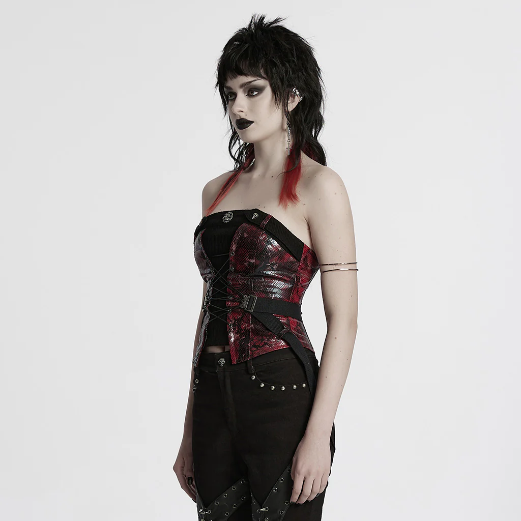 WY-1802MXF Edgy Punk Corset with Red Snakeskin Look and Buckle Straps - Image 3