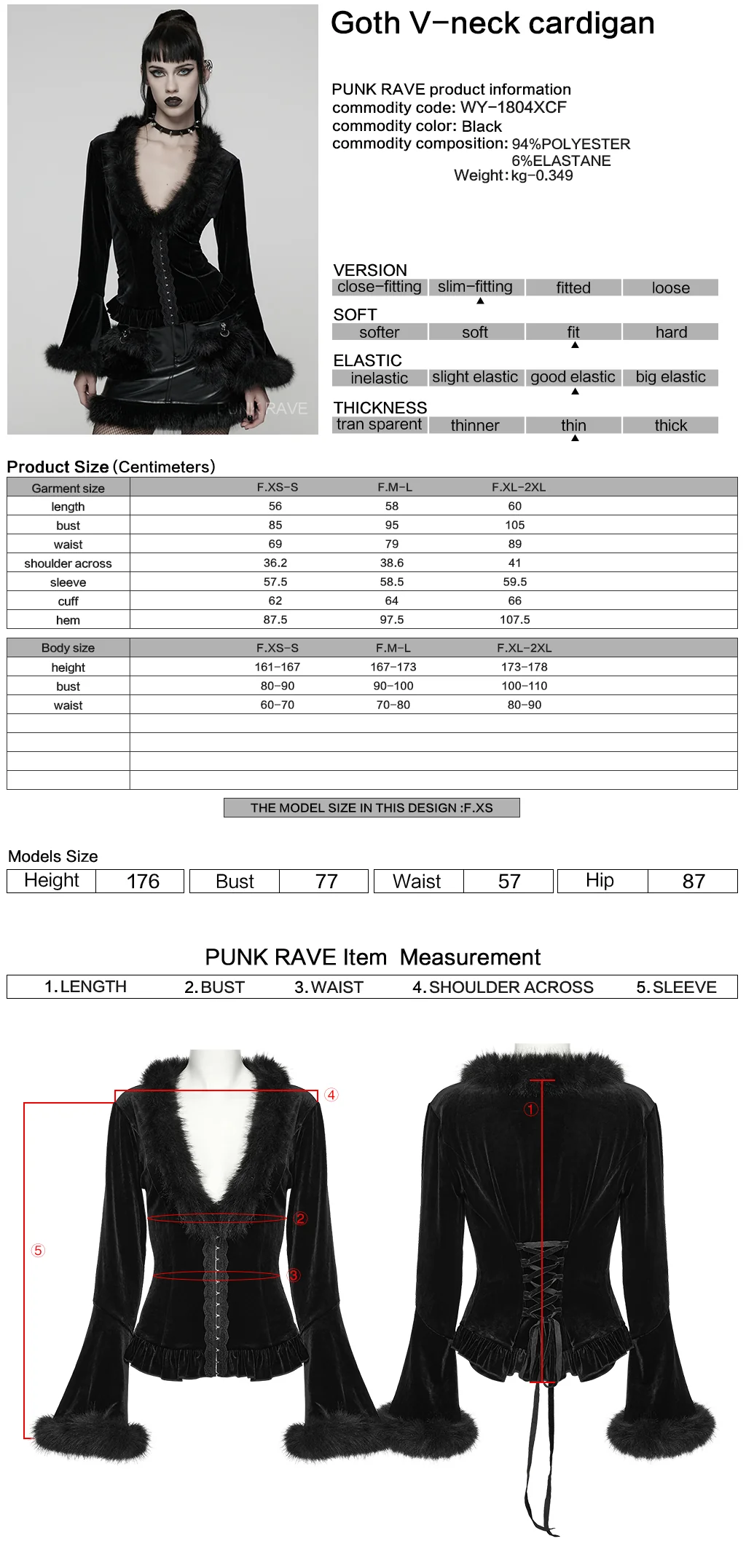 WY-1804XDF Gothic Jacket Black Velvet Fur Trim Bell Sleeves - Image 2