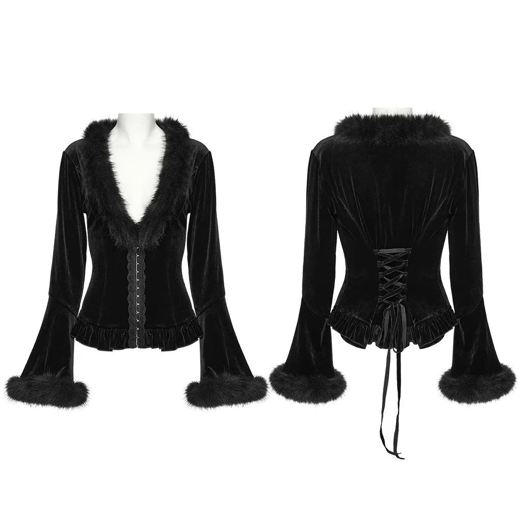 WY-1804XDF Gothic Jacket Black Velvet Fur Trim Bell Sleeves - Image 6