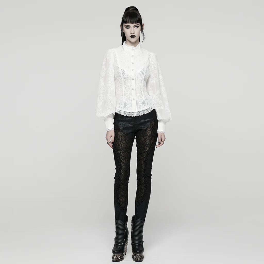 WY-1805CCF Gothic Shirt Sheer Embroidered Lace Victorian Blouse Long Sleeves - Image 16
