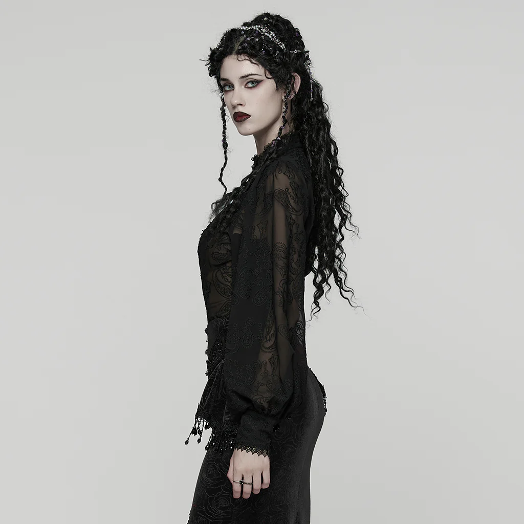 WY-1805CCF Gothic Shirt Sheer Embroidered Lace Victorian Blouse Long Sleeves - Image 3