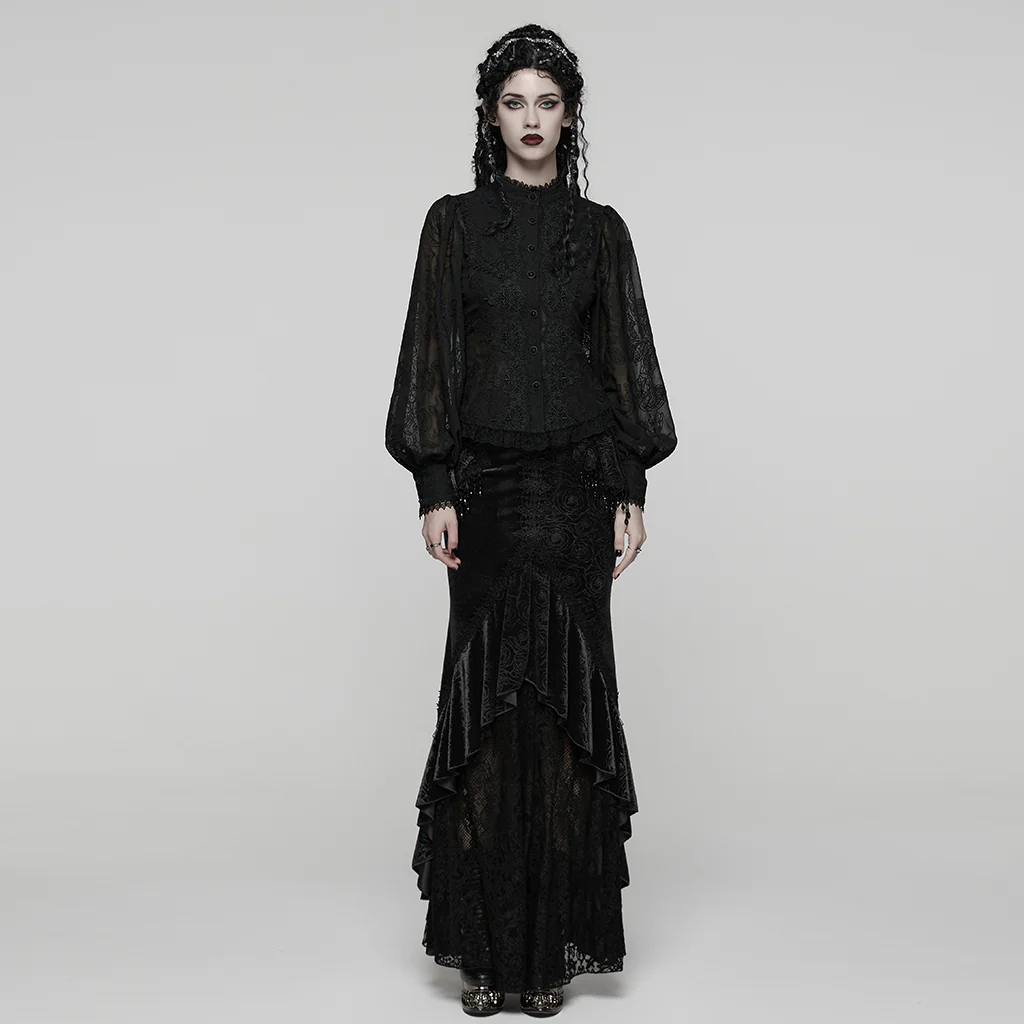 WY-1805CCF Gothic Shirt Sheer Embroidered Lace Victorian Blouse Long Sleeves - Image 5