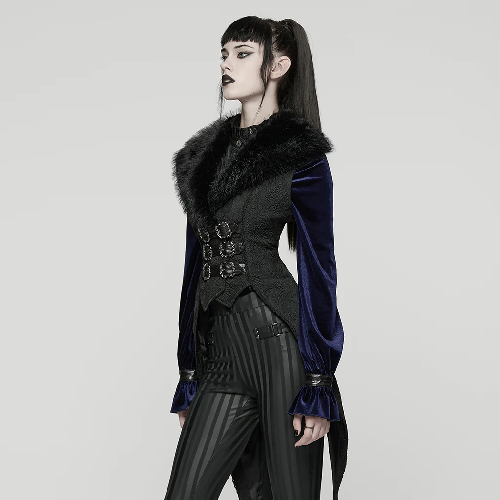 WY-1806MJF Gothic Faux Fur Collar Buckle Detail Waistcoat Vest - Image 4