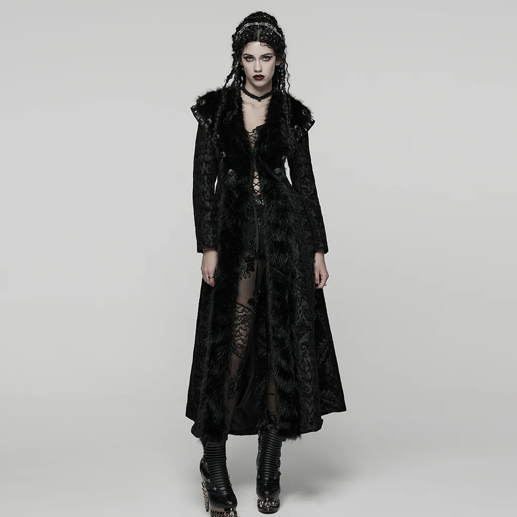 WY-1808XCF Luxurious Long Gothic Coat Faux Fur Trimmed Elegance - Image 5