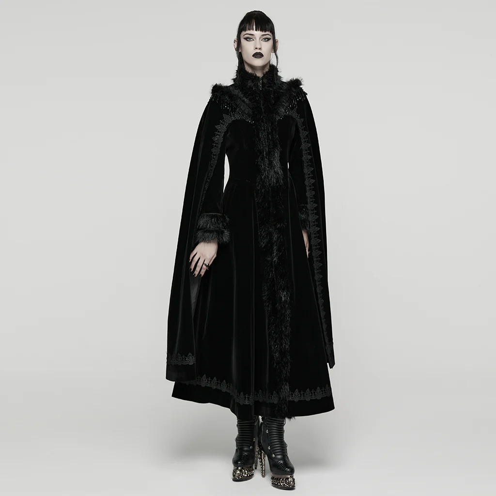 WY-1811DPF Gothic Coat Elegant Black Velvet Victorian Long Cloak - Image 5