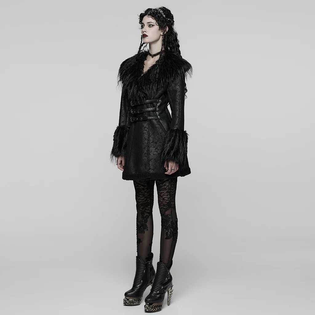 WY-1812ECF Gothic Coat Faux Fur Trimmed Buckle Detail Long Sleeve - Image 3