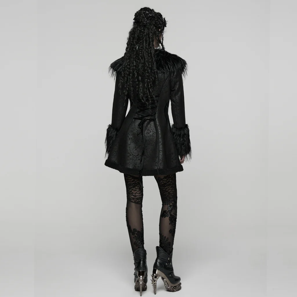 WY-1812ECF Gothic Coat Faux Fur Trimmed Buckle Detail Long Sleeve - Image 4