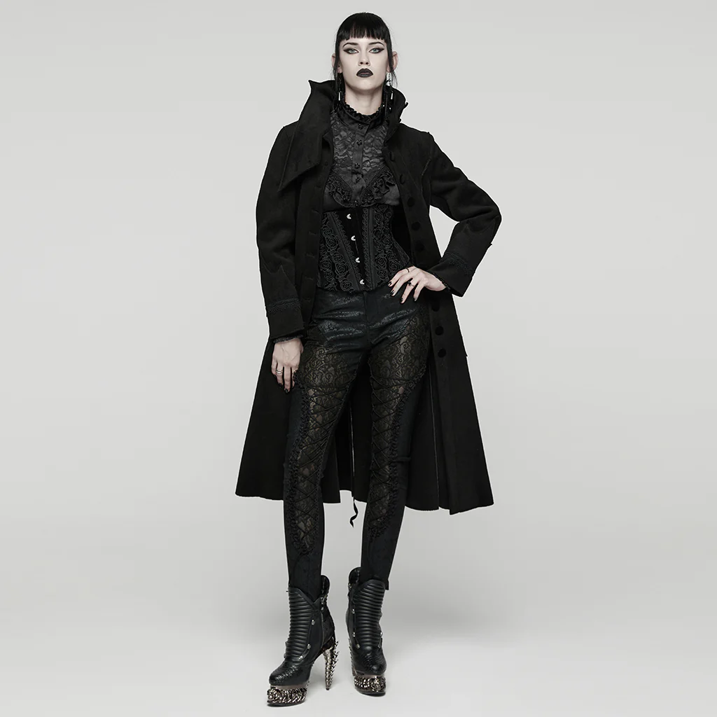 WY-1817ECF Gothic Coat Women Victorian High Collar Long Black Overcoat - Image 5