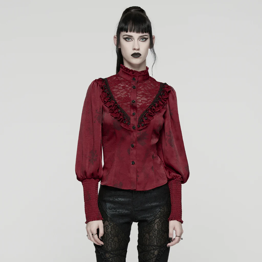 WY-1818CCF Gothic Shirt Victorian Lace Ruffle High Collar Long Sleeves Top - Image 11