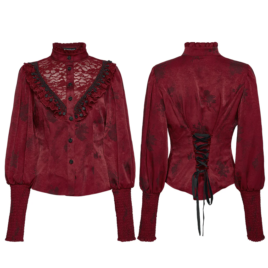 WY-1818CCF Gothic Shirt Victorian Lace Ruffle High Collar Long Sleeves Top - Image 17