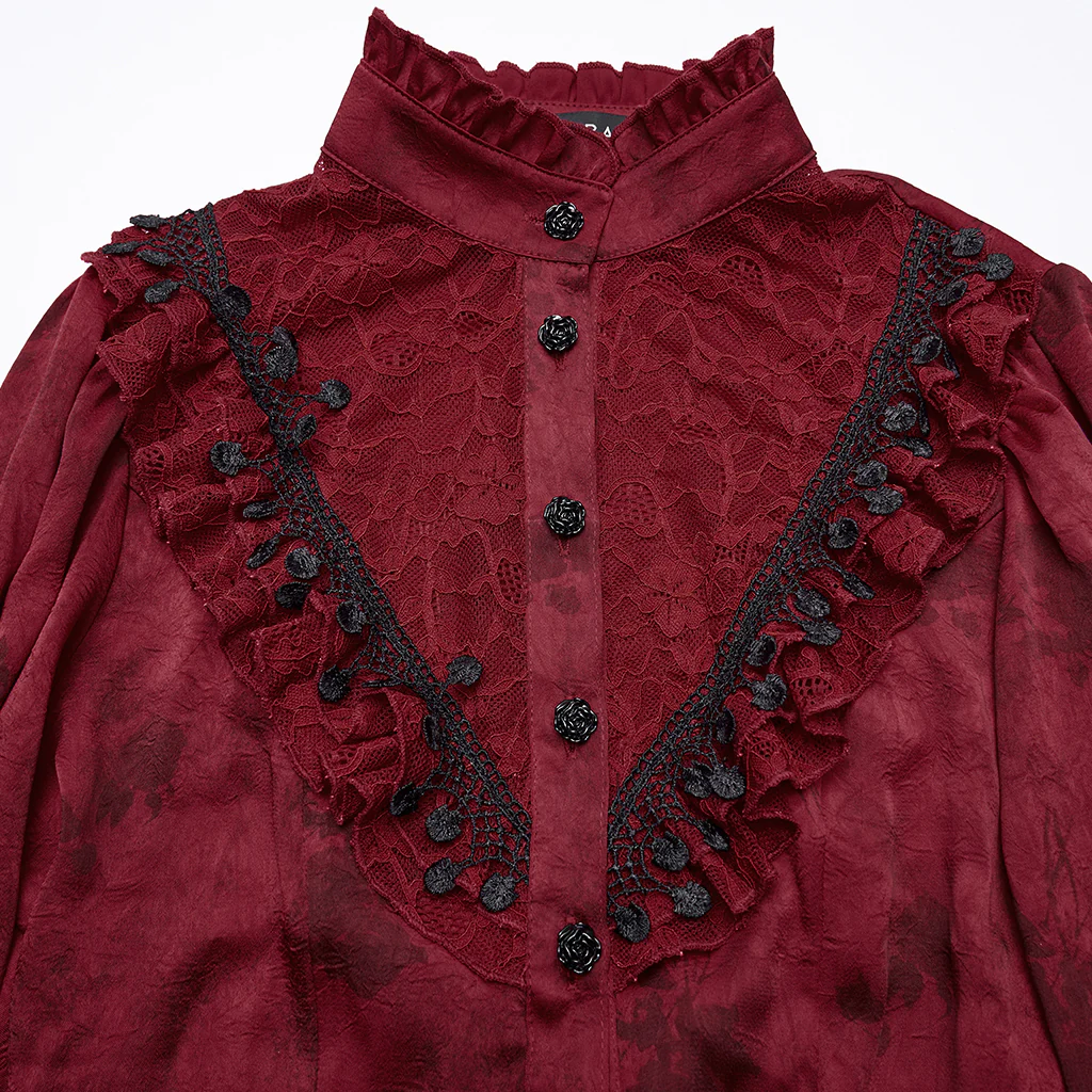 WY-1818CCF Gothic Shirt Victorian Lace Ruffle High Collar Long Sleeves Top - Image 18