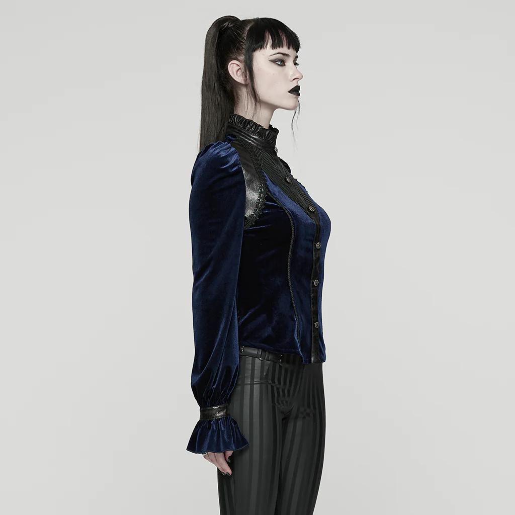 WY-1819CCF Elegant Black Velvet Lace-Up Gothic Shirt Top - Image 14