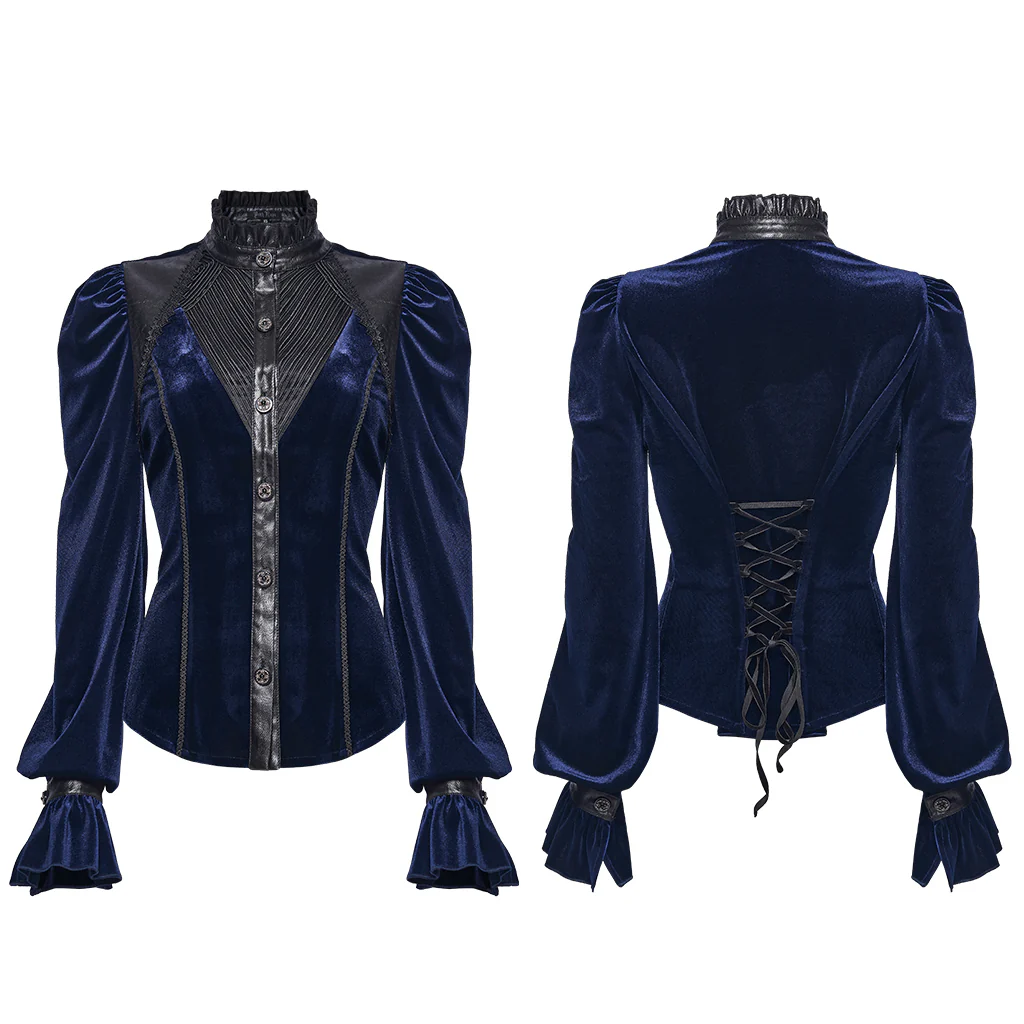 WY-1819CCF Elegant Black Velvet Lace-Up Gothic Shirt Top - Image 17