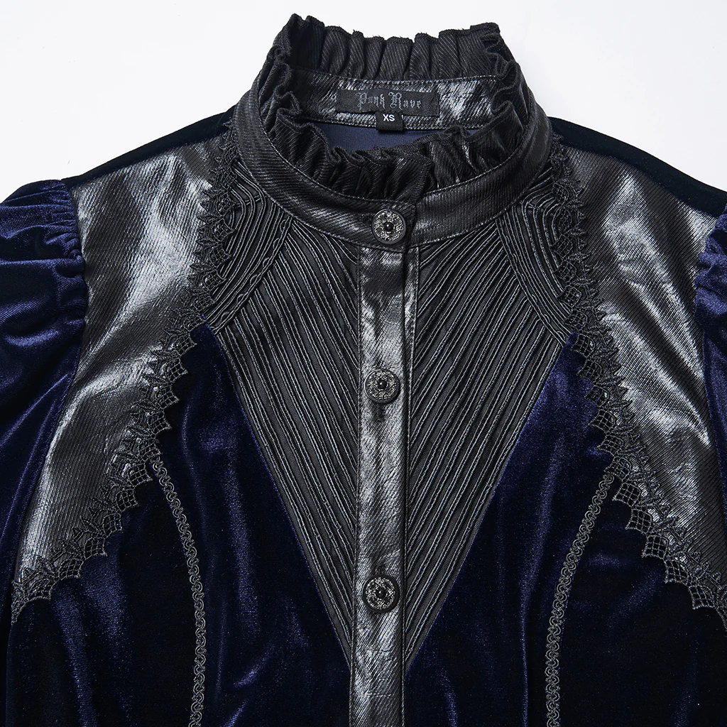 WY-1819CCF Elegant Black Velvet Lace-Up Gothic Shirt Top - Image 18