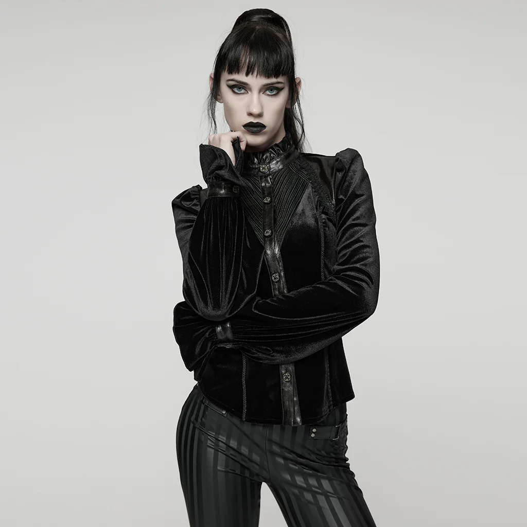 WY-1819CCF Elegant Black Velvet Lace-Up Gothic Shirt Top - Image 3