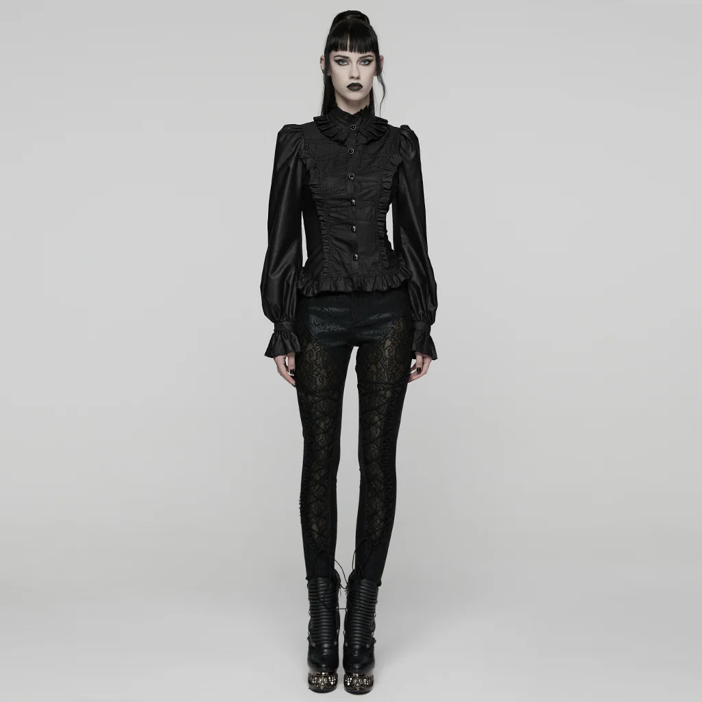 WY-1821CCF Gothic Shirts Victorian Ruffled Button-Up Blouse with High Collar - Image 5