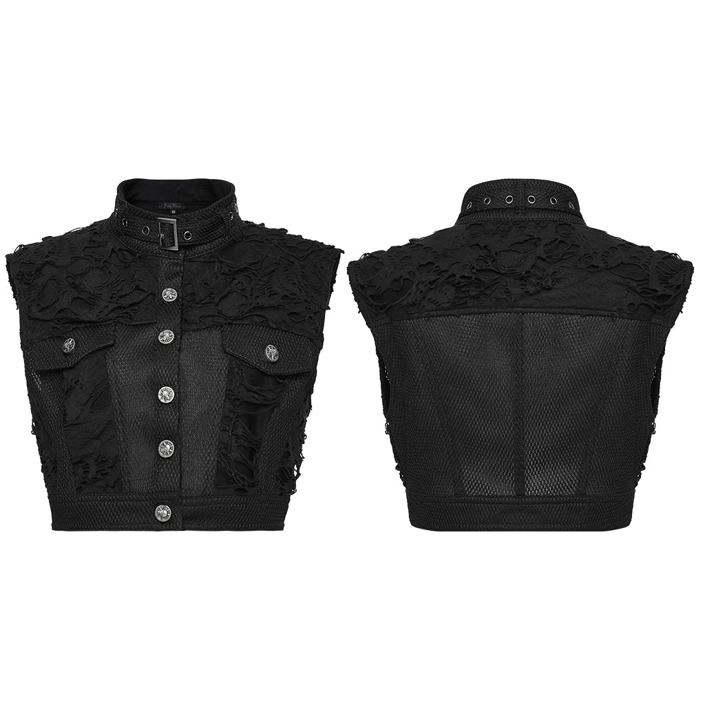 WY-1825MJF Gothic Black Cropped Punk Vests with Studded Accents and Buckle Neck - Image 6