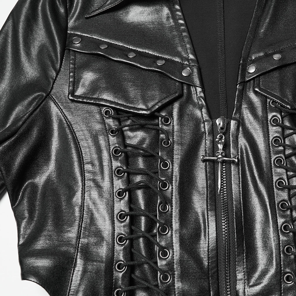 WY-1826CCF Edgy Gothic Lace-Up Leather Punk Jacket with Zipper Details - Image 9