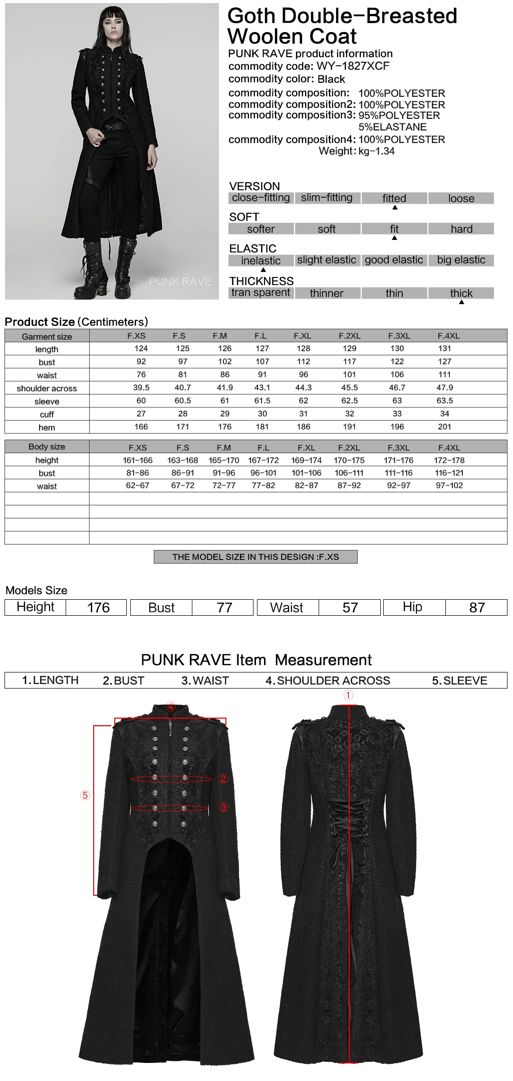 WY-1827XCF Womens Long Black Gothic Coat Victorian Military Style Jacket - Image 2