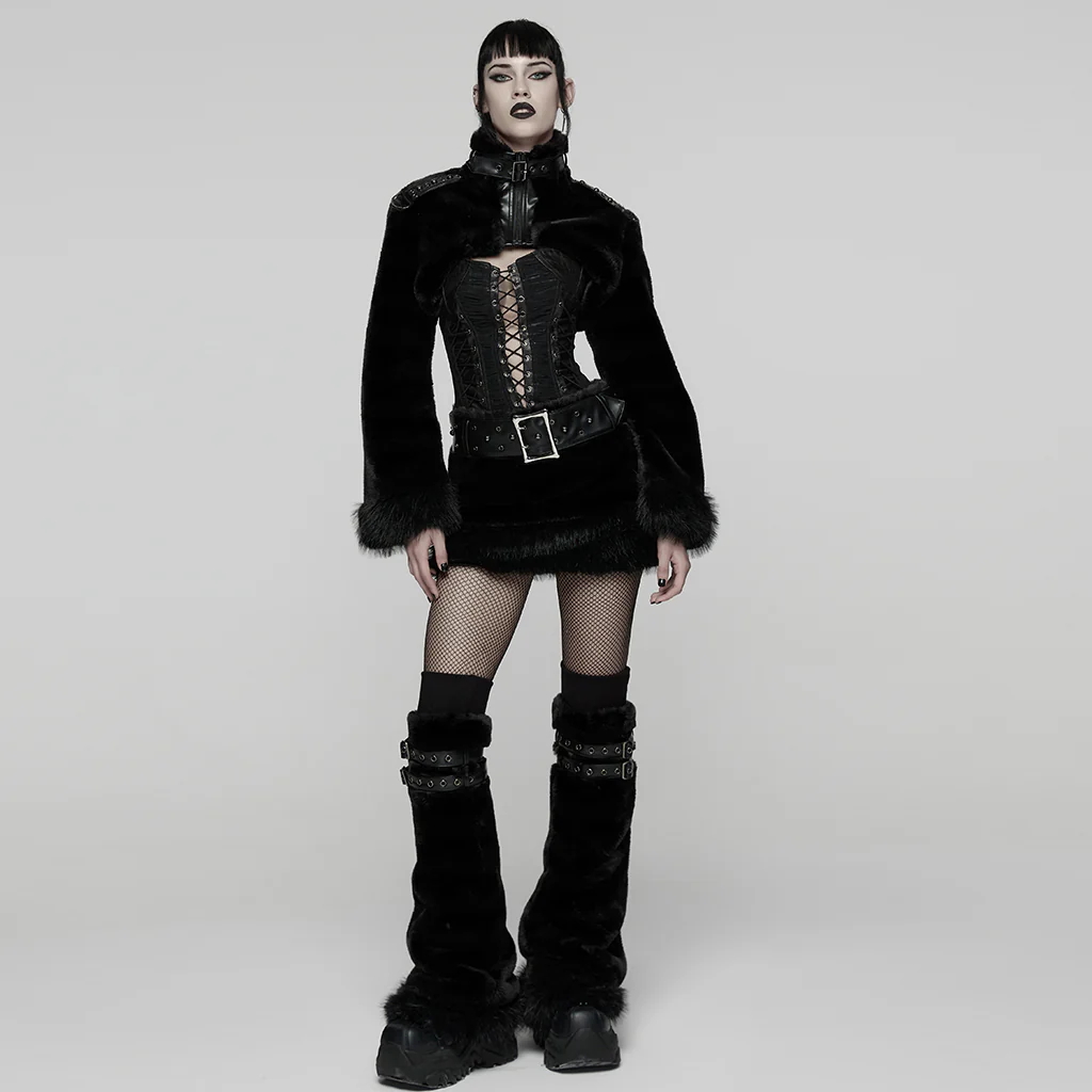 WY-1830XDF Faux Fur Punk Coat Cropped Black Red Striped Jacket - Image 15