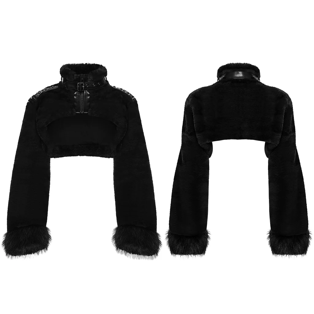 WY-1830XDF Faux Fur Punk Coat Cropped Black Red Striped Jacket - Image 16