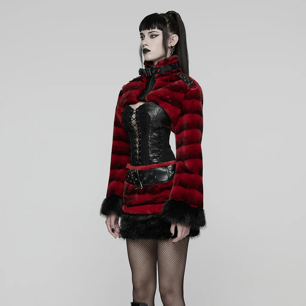 WY-1830XDF Faux Fur Punk Coat Cropped Black Red Striped Jacket - Image 4