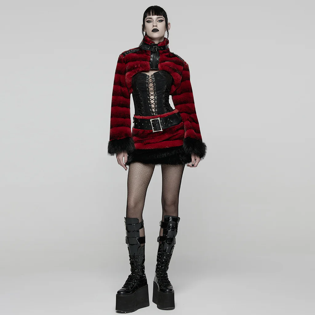 WY-1830XDF Faux Fur Punk Coat Cropped Black Red Striped Jacket - Image 6