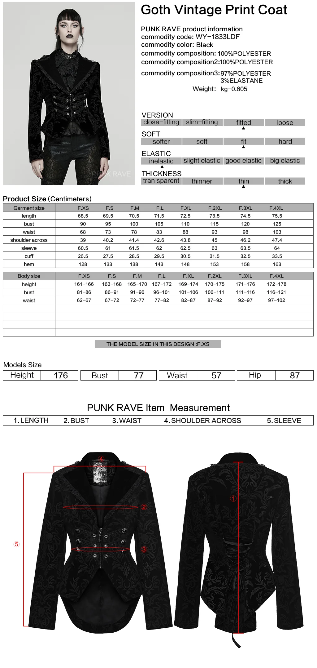 WY-1833LDF Gothic Coat Velvet Brocade Lace Up Jacket Steampunk Style - Image 2