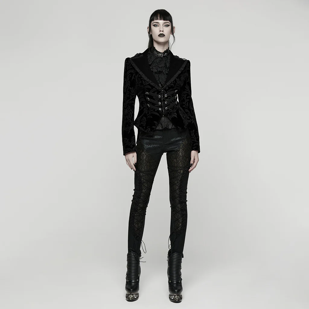 WY-1833LDF Gothic Coat Velvet Brocade Lace Up Jacket Steampunk Style - Image 5