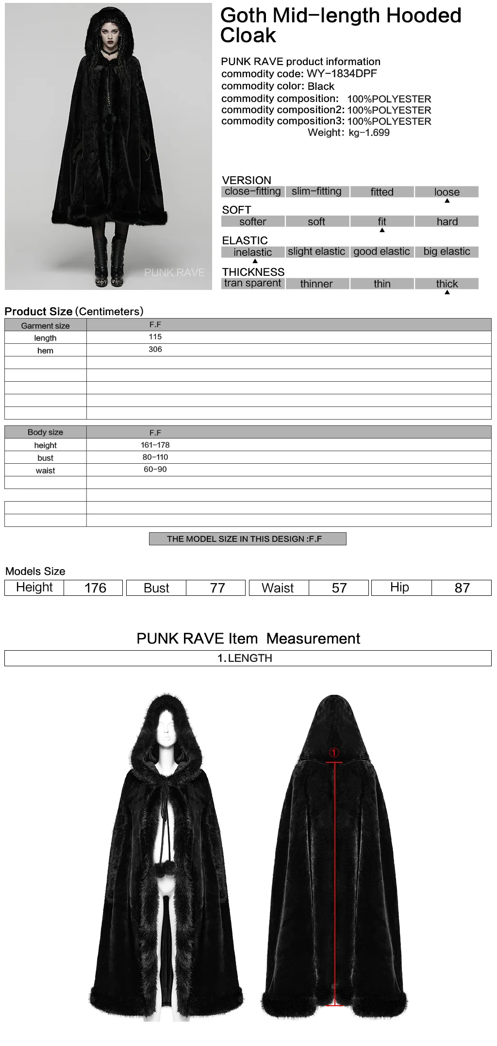 WY-1834DPF Gothic Coat Faux Fur Hooded Cape Elegant Cloak - Image 2