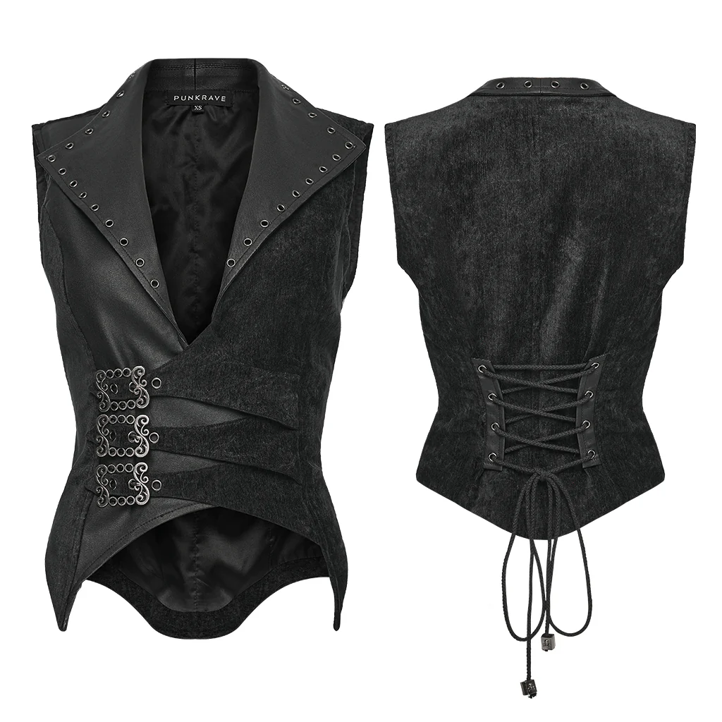 WY-1835MJF Gothic Black Leather Buckle Punk Vest with Studded Collar - Image 6