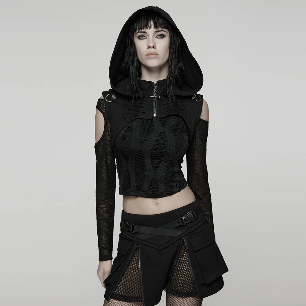 WY-1843MJF Gothic Hooded Punk Vest with Zipper and Buckle Details - Image 3