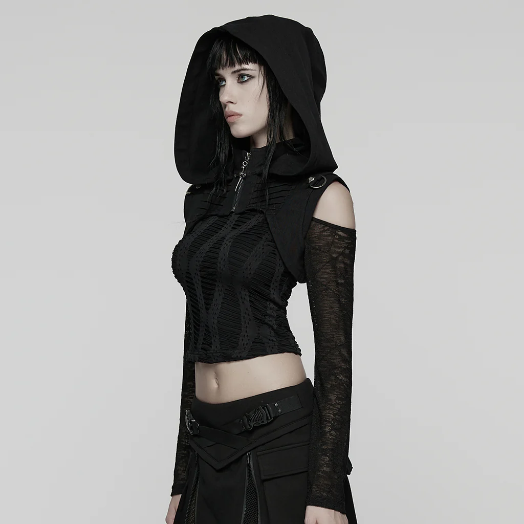 WY-1843MJF Gothic Hooded Punk Vest with Zipper and Buckle Details - Image 4