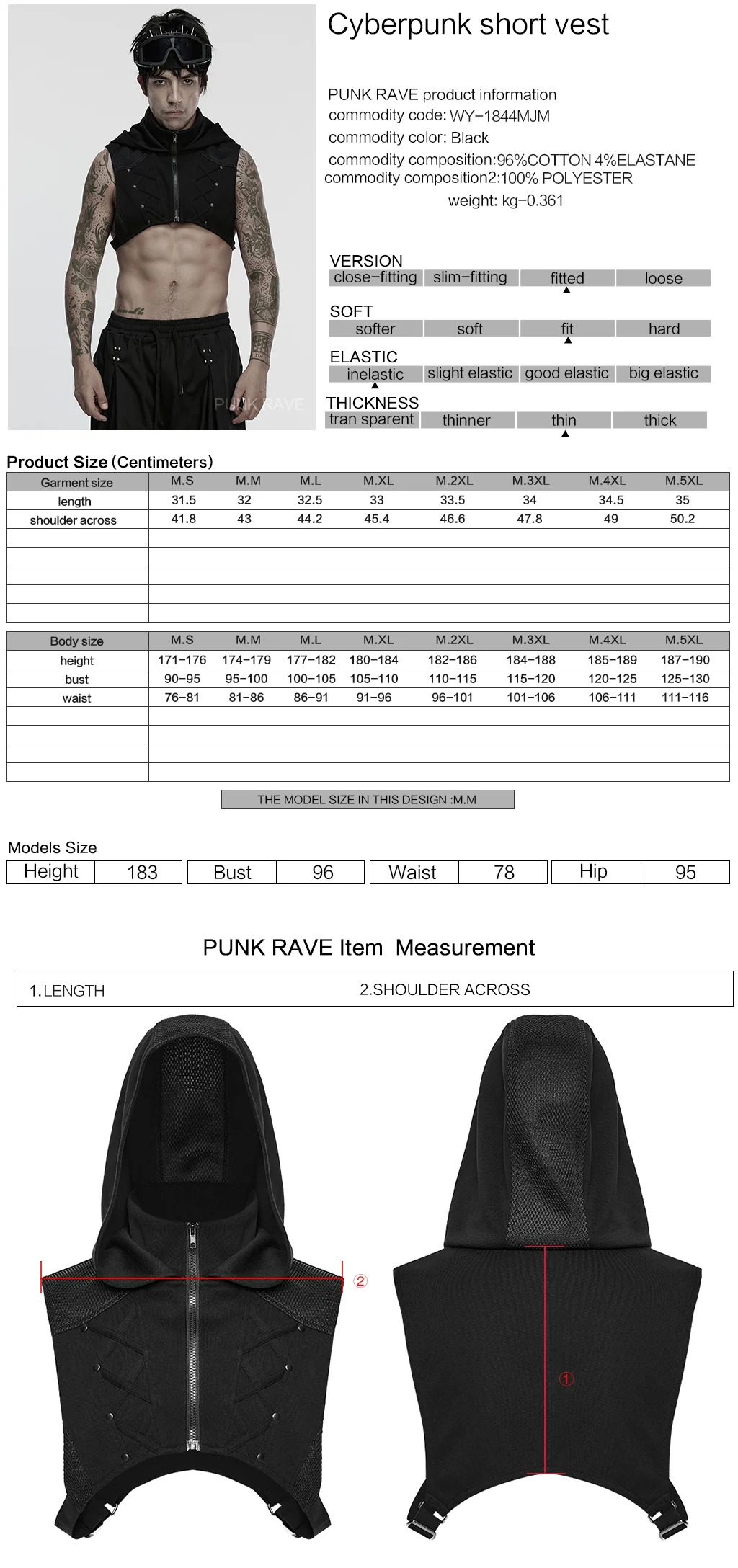 WY-1844MJM Mens Sleeveless Zippered Punk Vests with Hooded Spiked Design - Image 2