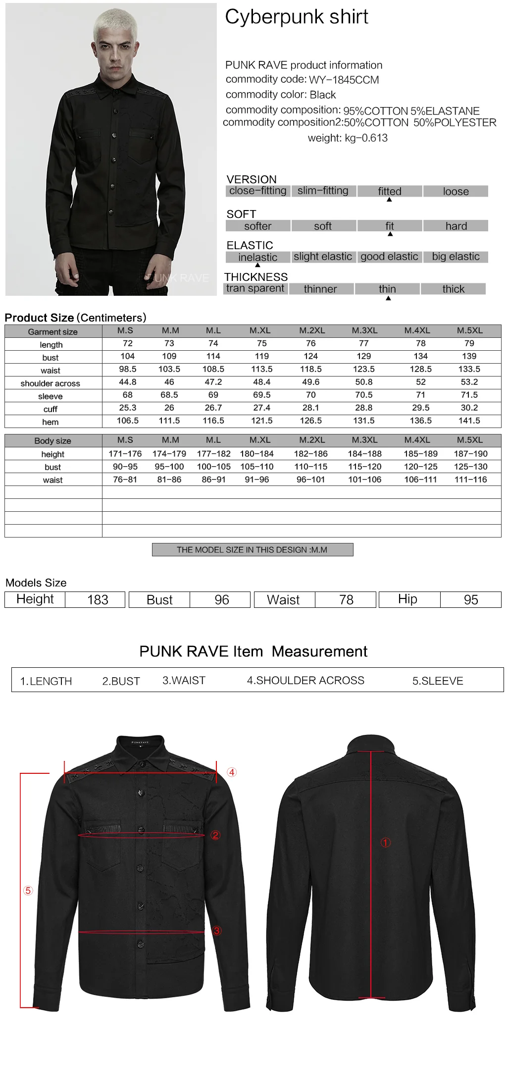 WY-1845CCM Edgy Black Button-Up Punk Shirt with Studded Shoulders Edgy Black Punk Shirts with Distressed and Stud Details - Image 2