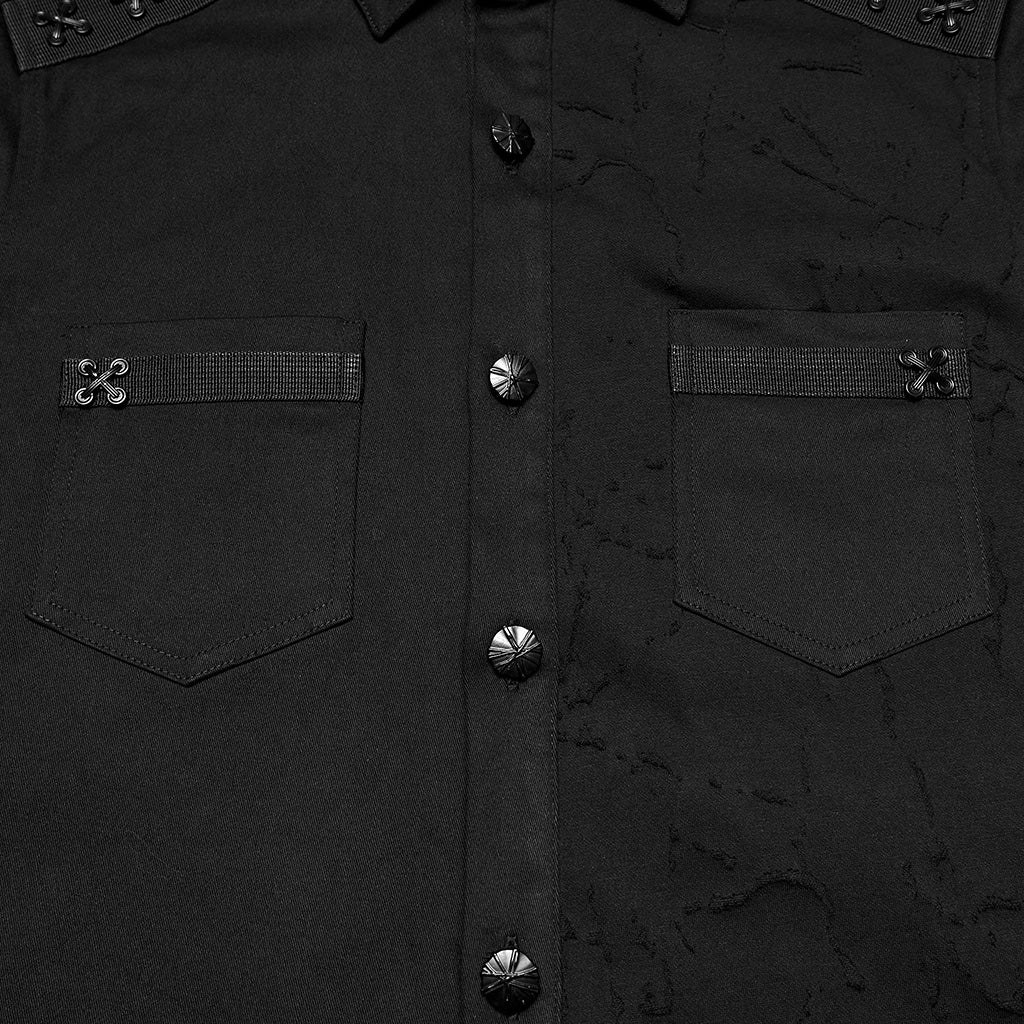 WY-1845CCM Edgy Black Button-Up Punk Shirt with Studded Shoulders Edgy Black Punk Shirts with Distressed and Stud Details - Image 8