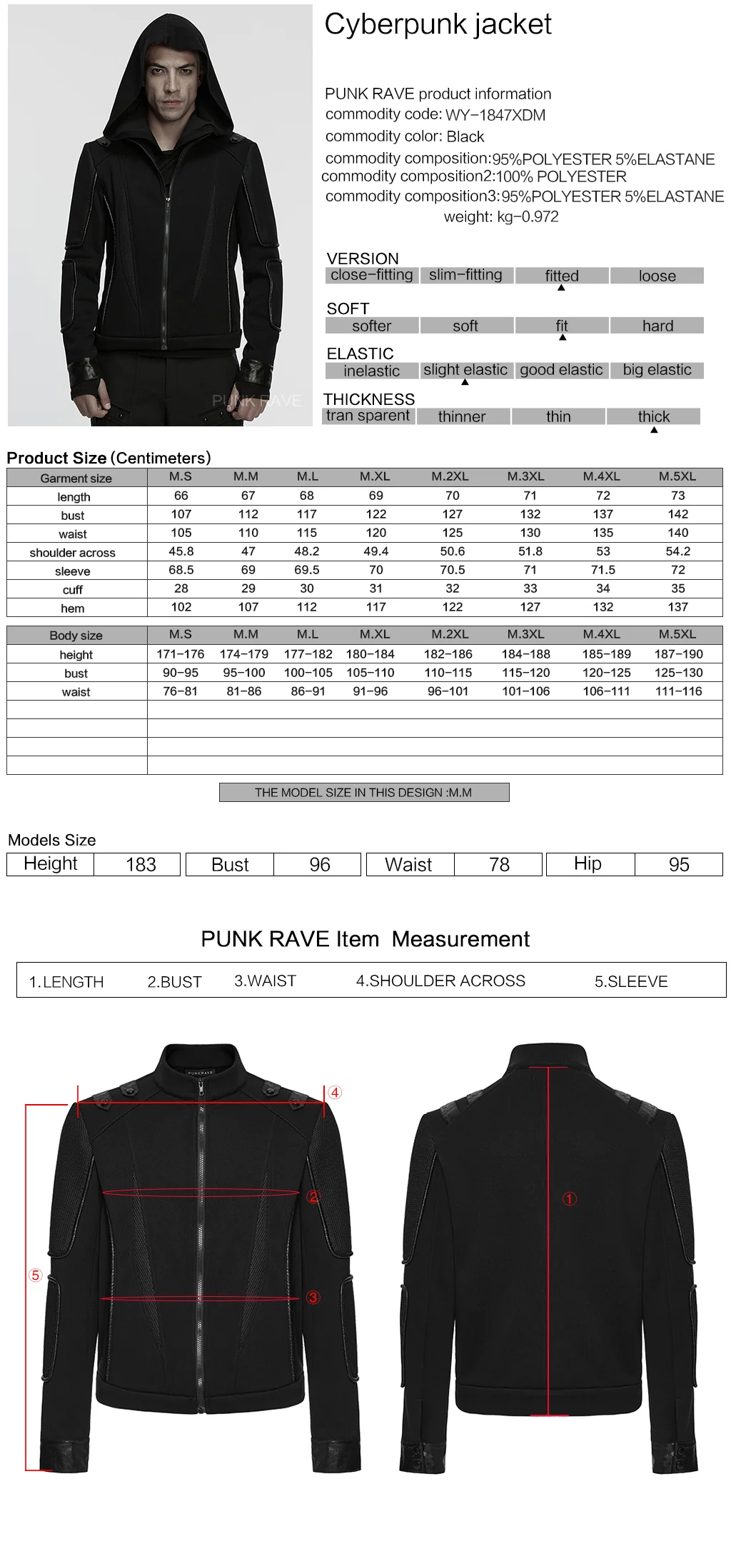 WY-1847XDM Edge Style Gothic Hooded Punk Jackets Black Zipper Design - Image 2
