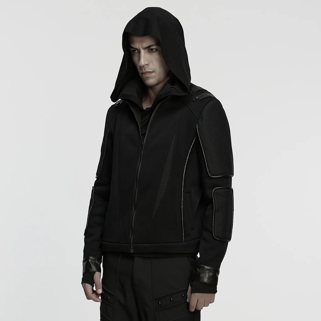 WY-1847XDM Edge Style Gothic Hooded Punk Jackets Black Zipper Design - Image 3