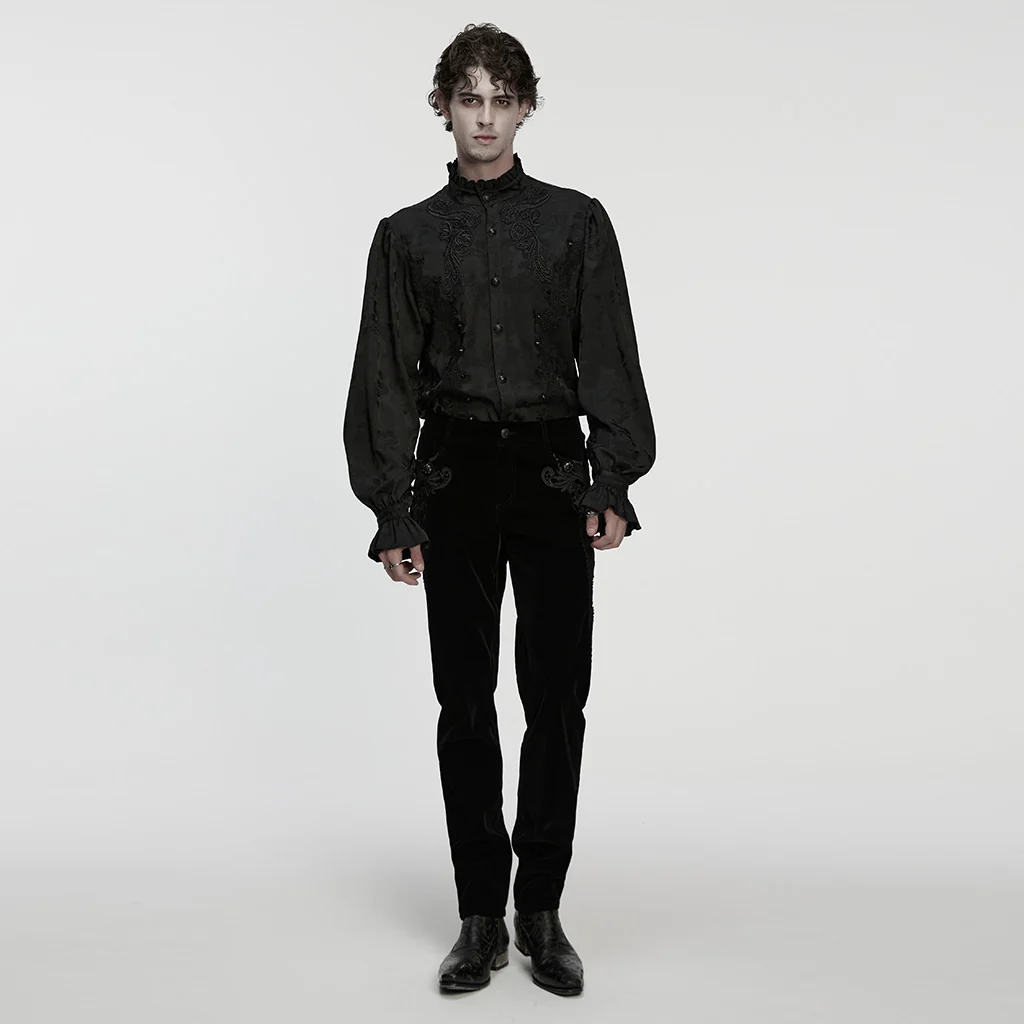 WY-1849CCM Gothic Shirts Elegant Black Embroidered Victorian Blouse with Ruffled Collar - Image 5