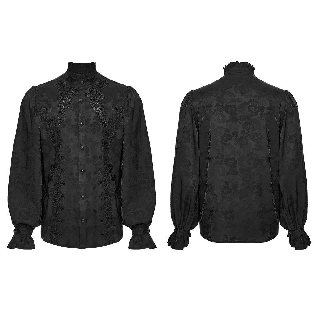 WY-1849CCM Gothic Shirts Elegant Black Embroidered Victorian Blouse with Ruffled Collar - Image 6