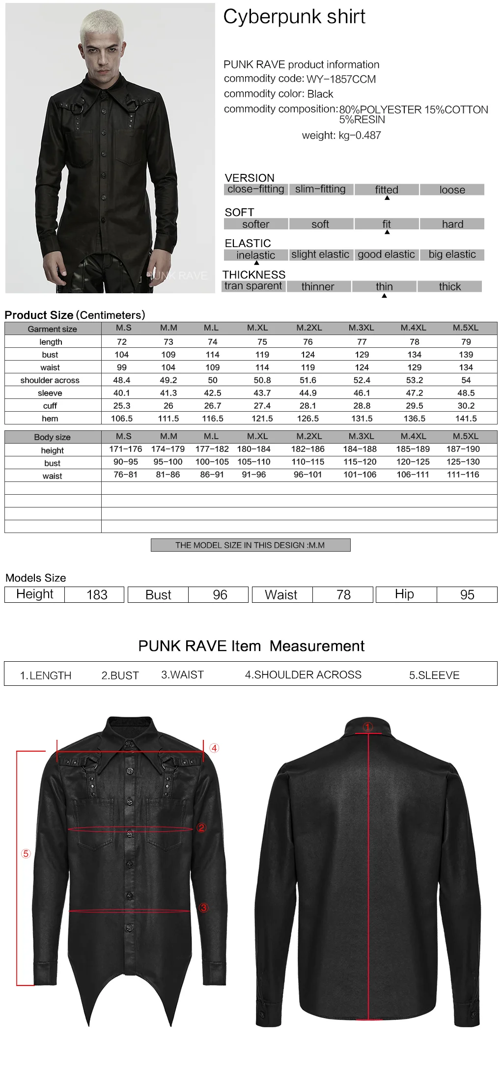 WY-1857CCM Edgy Rivet Long Sleeve Black Punk Shirts Design - Image 2
