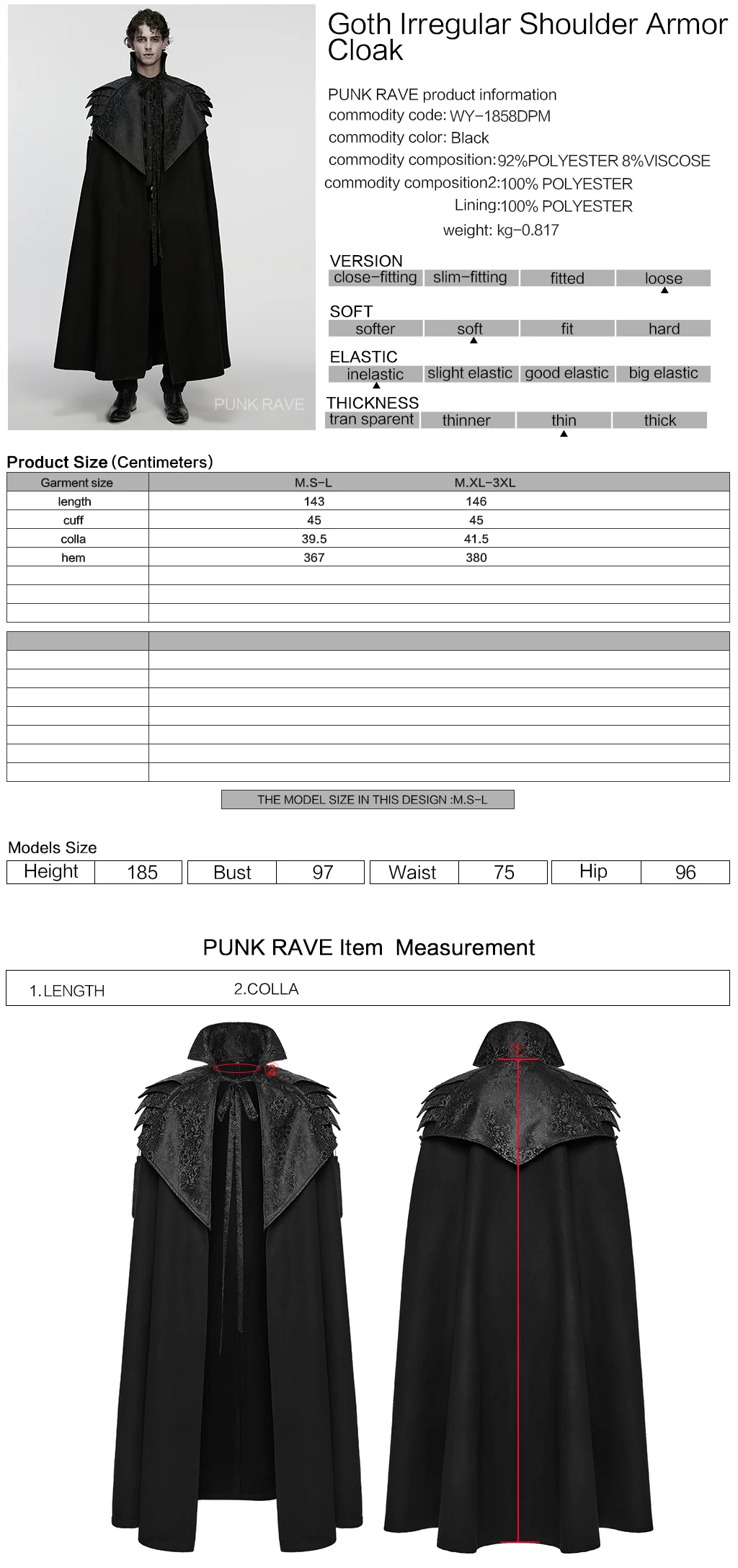 WY-1858DPM Gothic Coat Mens Dark Steampunk Cape with High Collar Design - Image 2