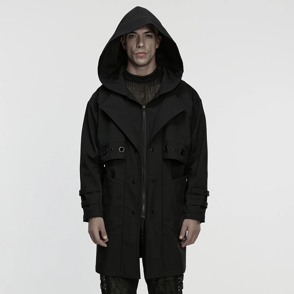 WY-1860XCM Hooded Black Punk Jackets with Grommet Detail and Zipper Closure