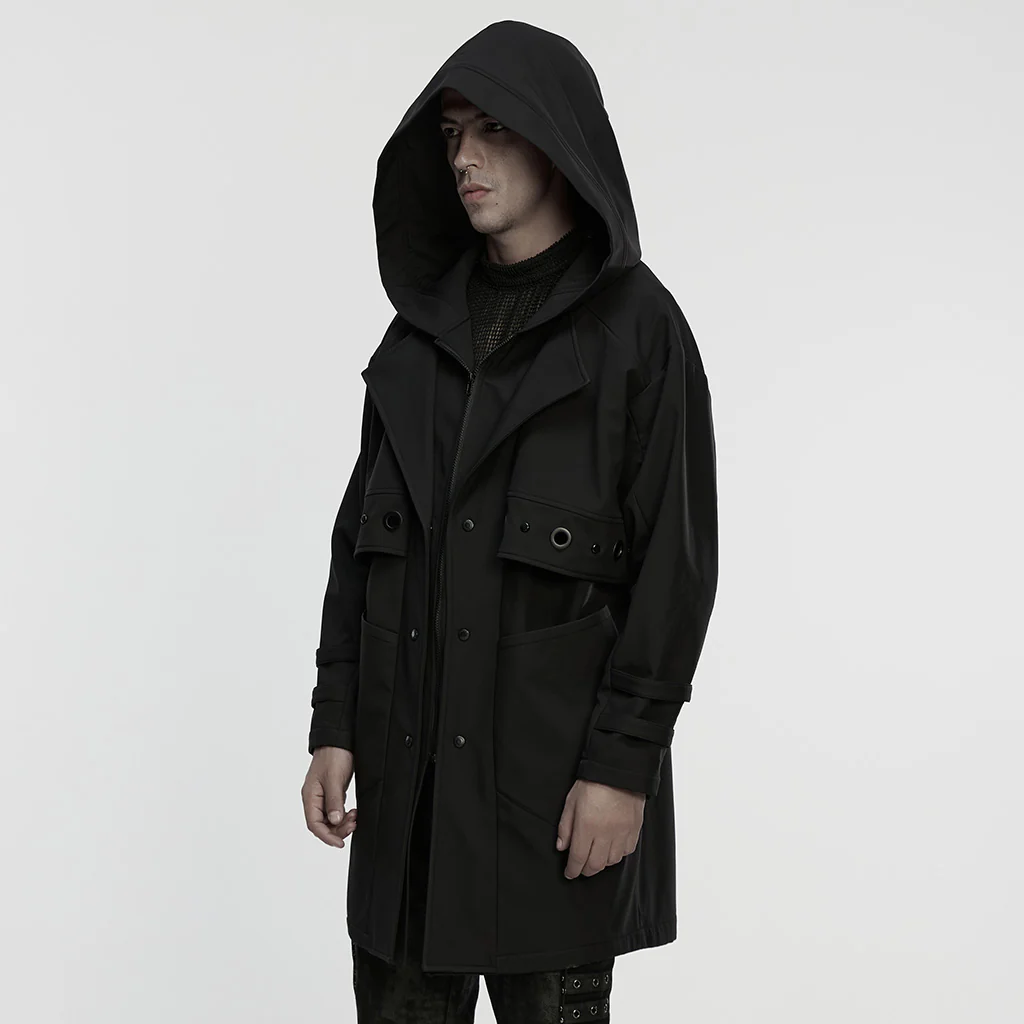 WY-1860XCM Hooded Black Punk Jackets with Grommet Detail and Zipper Closure - Image 3