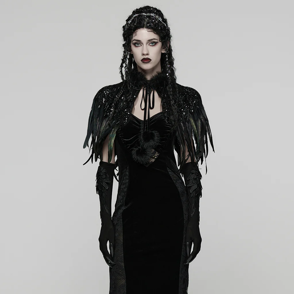 WY-1861DPF Gothic Feather Sequin Cape Black Fur Trim Accessory - Image 3
