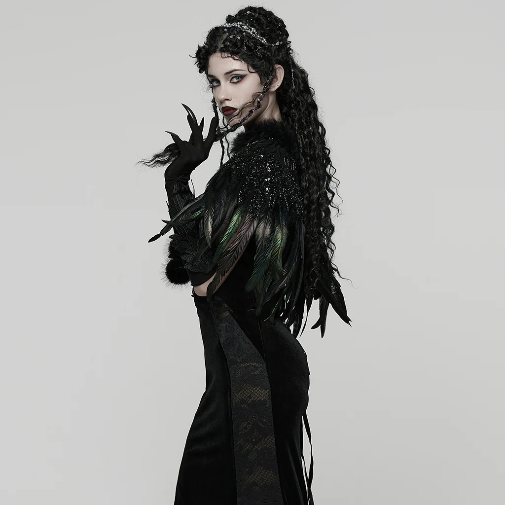 WY-1861DPF Gothic Feather Sequin Cape Black Fur Trim Accessory - Image 4