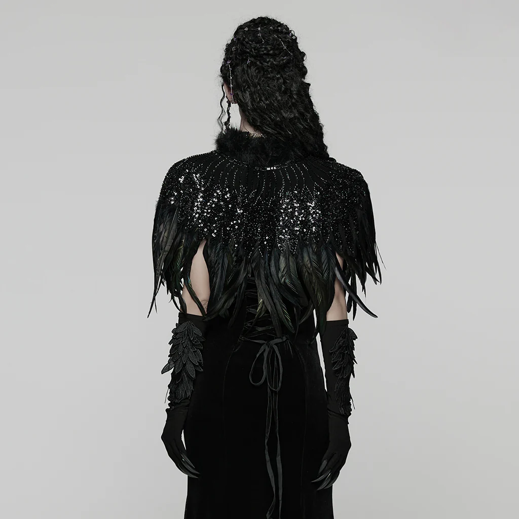 WY-1861DPF Gothic Feather Sequin Cape Black Fur Trim Accessory - Image 5