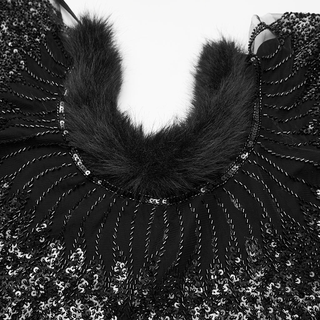 WY-1861DPF Gothic Feather Sequin Cape Black Fur Trim Accessory - Image 9