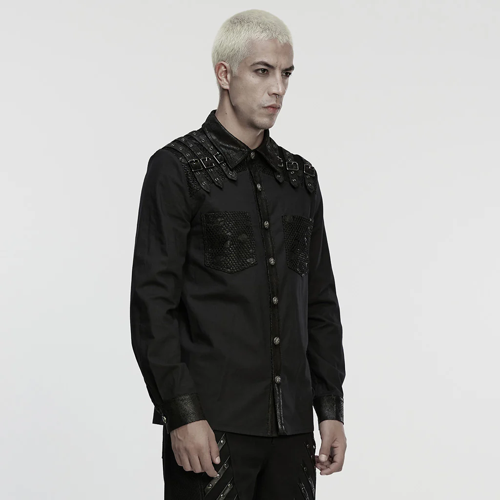 WY-1862CCM Gothic Punk Shirts with Leather Accents and Buckle Details - Image 3