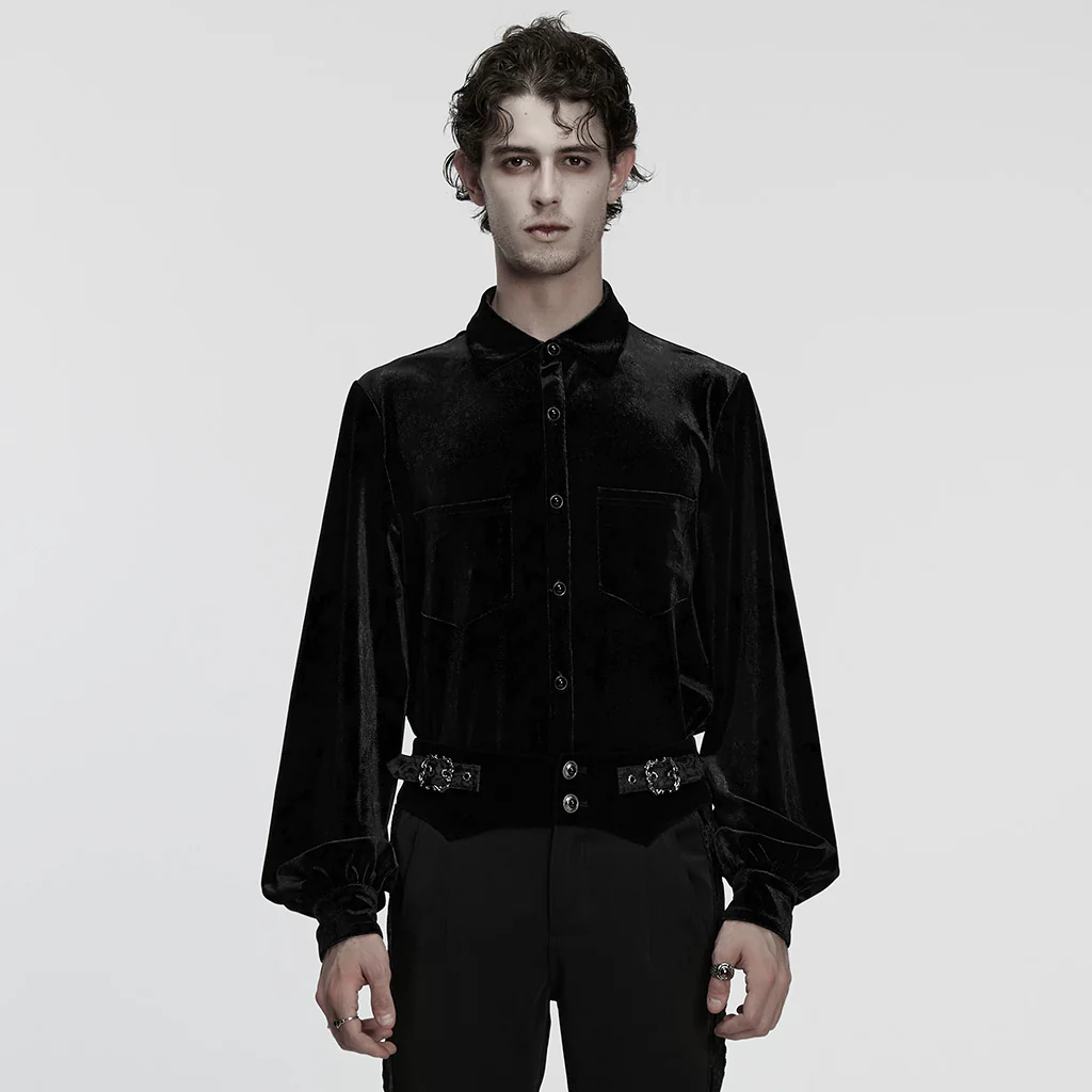 WY-1864CCM Velvet Gothic Shirts Emerald Green Button-Up Long Sleeve Mystery - Image 11